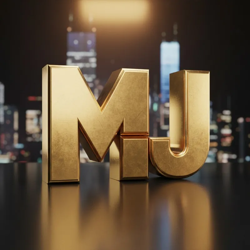 > Bold, metallic gold letters spelling "MJ" stand prominently in the foreground. The letters are polished with a brushed texture, reflecting light and casting a warm glow. Behind them, a blurred cityscape at night forms a dramatic backdrop, with illuminated skyscrapers and a soft, hazy light in the